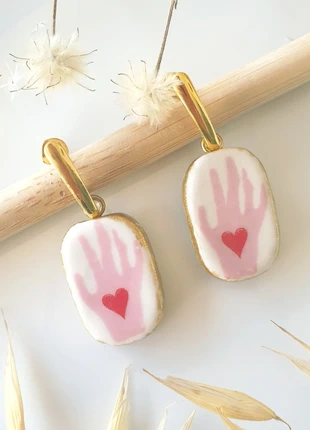 Boucles d'oreilles coeur et main en céramique, condition: Very good, €12.00, €13.30 includes Buyer Protection Pro