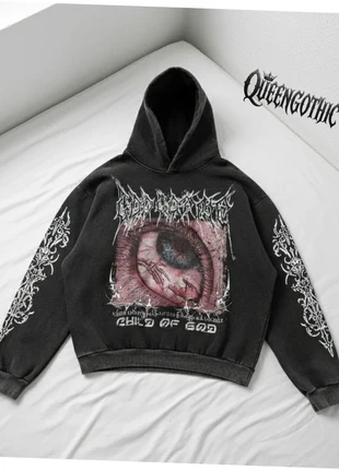 Sweat à capuche noir style Gothique/Grunge à motif œil et manches graphiques, brand: friperie, condizioni: Ottime, taglia: M, €45.90, €48.90 include la Protezione acquisti