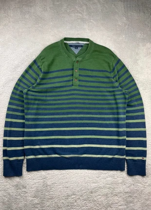 Pull en maille fermeture bouton style polo Tommy Hilfiger Vert rayé Bleu Marine logo brodé XXL, brand: Tommy Hilfiger, condition: Very good, size: XXL, €16.90, €18.45 includes Buyer Protection Pro