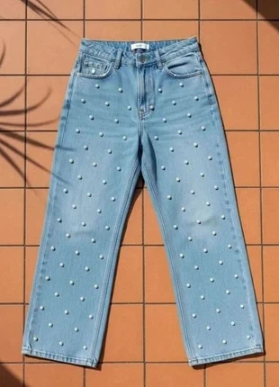 Jean large bleu à pois brodés blancs, taille S, style rétro tendance bohème, brand: Norwyn, condition: Very good, size: S / 36 / 8, €44.99, €47.94 includes Buyer Protection Pro