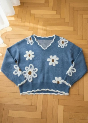 Pull Bleu Col V Motif Marguerites Vintage Cottagecore Boho, brand: Lunara, condition: Very good, size: M / 38 / 10, €46.99, €50.04 includes Buyer Protection