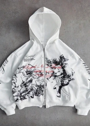 Sweat à capuche blanc zippé au design artistique, marque: y2k, état: Neuf sans étiquette, taille: M, 30,00 €, 32,20 € Protection acheteurs incluse