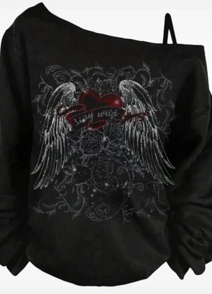 Pull sweat avec épaule dénudé avec dessin style gotique, marque: Aesthetic, état: Neuf sans étiquette, taille: S / 36 / 8, 23,00 €, 24,85 € Protection acheteurs incluse