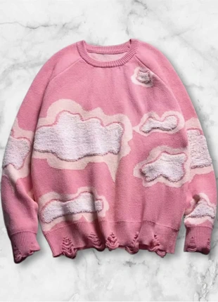 Pull rose à motifs nuages blancs effet usé sur le bas, taille M, style Y2K doux, marque: y2k, état: Très bon état, taille: M, 40,00 €, 42,70 € Protection acheteurs (Pro) incluse