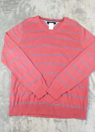 Pull homme Tommy Hilfiger L coton rouge rayé bleu col V logo drapeau brodé vintage chic casual pu010, marque: Tommy Hilfiger, état: Très bon état, taille: L, 23,00 €, 24,85 € Protection acheteurs (Pro) incluse