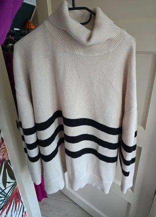 Mooie plussize wijde warme winter trui cowl zwart creme streep, staat: Heel goed, maat: XXXL / 46 / 18, € 11,50, € 12,78 inclusief Kopersbescherming