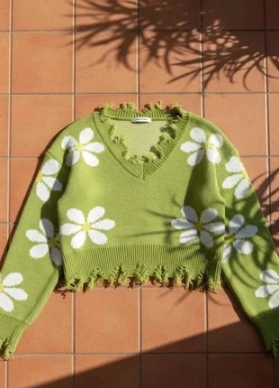 Pull vert marguerites, col V, manches longues, taille S, rétro cute bohème chic, marca: Solira, estado: Muy bueno, tamaño: S / 36 / 8, 39,99 €, 42,69 € Protección al comprador Pro incluida