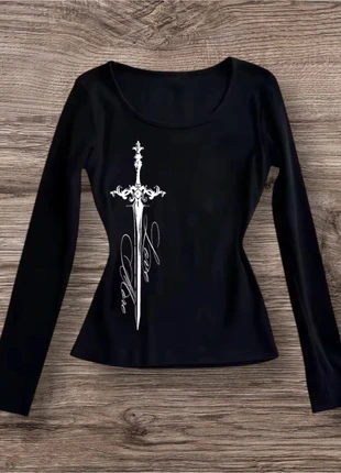 Manches Longues Noir Ajusté Épée Dagger Love More Goth Y2K Taille S Polyester, brand: y2k, condition: New without tags, size: S / 36 / 8, €45.00, €47.95 includes Buyer Protection
