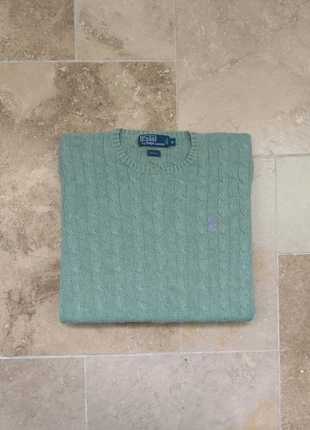 Pull Ralph Lauren torsadé - Homme M - Vert clair logo violet - 100% soie, marque: Ralph Lauren, état: Très bon état, taille: M, 95,00 €, 100,45 € Protection acheteurs (Pro) incluse