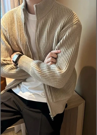 Cardigan homme col montant à double zip, uni, manches longues, tricot extensible, marque: Vintage Dressing, état: Très bon état, taille: M, 60,00 €, 63,70 € Protection acheteurs incluse