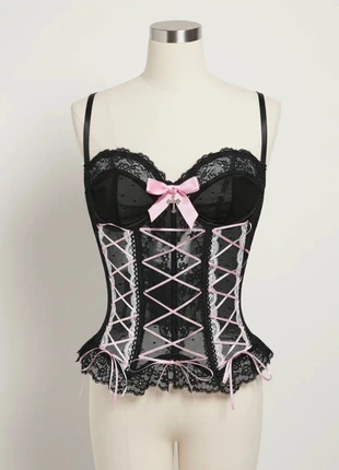 Corset Noir et Rose en Dentelle – Chic Romantique / Gothique Féérique / Lingerie Vintage / Look Y2K, marque: Atelier Lysandra, état: Neuf sans étiquette, 49,90 €, 53,10 € Protection acheteurs (Pro) incluse