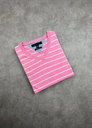 Pull col V Tommy Hilfiger rayé rose et blanc logo brodé - taille M femme, marque: Tommy Hilfiger, état: Très bon état, taille: M / 38 / 10, 24,90 €, 26,85 € Protection acheteurs (Pro) incluse