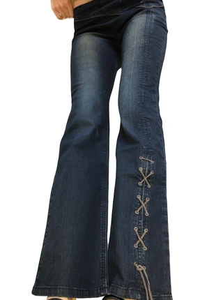 Vintage 90s black jeans! Brown leather cross laces, cow girl fairy jeans. Flared and low rise Y2K, marca: Vintage Dressing, estado: Nuevo sin etiquetas, tamaño: S / 36 / 8, 40,00 €, 42,70 € Protección al comprador incluida