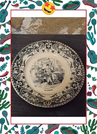 Assiette parlante Creil & Montereau « Les Étrennes » n°8 décor noir XIXᵉ siècle, merk: Creil et montereau, staat: Heel goed, € 25,00, € 26,95 inclusief Kopersbescherming Pro