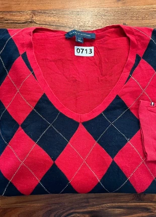 Pull Tommy Hilfiger Carreau Col V Rouge Marine Léger Printemps Brodé Jersey Sweatshirt L, merk: Tommy Hilfiger, staat: Heel goed, maat: L / 40 / 12, € 11,90, € 13,20 inclusief Kopersbescherming Pro