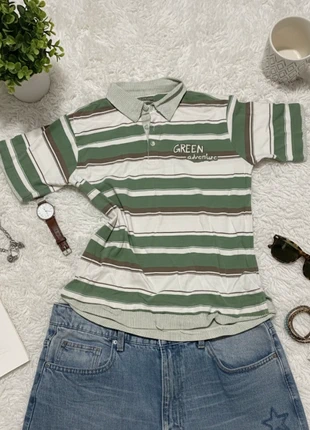 Polo Vintage Rayé Vert et Denim - Style Y2K, marque: In Extenso, état: Très bon état, taille: 14 ans / 164 cm, 4,00 €, 4,90 € Protection acheteurs incluse