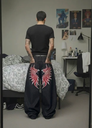 Jean Baggy Noir Broderie Ailes Rouges Gothiques - Streetwear Y2K Taille L, marque: y2k, état: Neuf sans étiquette, taille: L, 49,00 €, 52,15 € Protection acheteurs (Pro) incluse