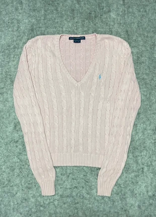 Pull col en V Torsade Ralph Lauren 100% coton rose logo brodé bleu clair - L, brand: Ralph Lauren, condition: Very good, size: L / 40 / 12, €55.00, €58.45 includes Buyer Protection