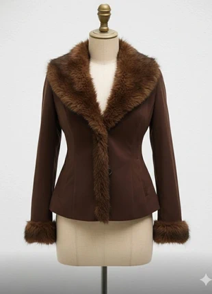 Veste cintrée marron style années 2000 avec col et poignets en fausse fourrure, merk: friperie, staat: Heel goed, maat: M / 38 / 10, € 57,90, € 61,50 inclusief Kopersbescherming