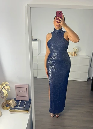 Robe de soirée élégante, longue, bleu marine, pailletée, avec col montant, navy maxi sequin dress, marca: Boohoo, estado: Novo com etiquetas, tamanho: M / 38 / 10, €50.00, €53.20 inclui Proteção do Comprador