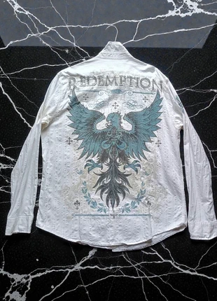 🦅 Helix White Long Sleeve Button-Up Shirt with Eagle Graphic (Y2K / Biker / Gothic Style), marque: Affliction, état: Bon état, taille: XXL, 41,90 €, 44,70 € Protection acheteurs (Pro) incluse
