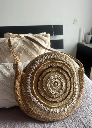 Sac rond en osier tressé à coquillages fait main 35cm, condition: Very good, €10.00, €11.20 includes Buyer Protection
