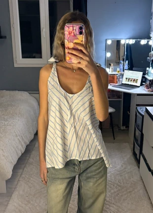 Débardeur rayé bleu & blanc – Bretelles nouées – 100% coton – M/L, marque: Kilibbi, état: Très bon état, taille: L / 40 / 12, 4,00 €, 4,90 € Protection acheteurs (Pro) incluse