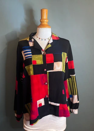 🖤🪭 Chemise vintage noire à motifs colorés, brand: Vintage Dressing, condition: Very good, size: XL / 42 / 14, €13.00, €14.35 includes Buyer Protection