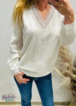 Joli Pull manche longue col V dentelle blanc cassé/ écru femme T36/40, marque: Boutique Parisienne, état: Très bon état, taille: L / 40 / 12, 33,00 €, 35,35 € Protection acheteurs (Pro) incluse