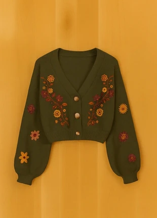 Cardigan court brodé fleurs vert kaki – Gilet vintage bohème boutonné, marque: Cardigan, état: Très bon état, taille: S / 36 / 8, 55,00 €, 58,45 € Protection acheteurs (Pro) incluse
