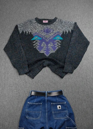 Pull Ethnic Vintage 80s en Maille Poilu Gris / Violet / Multicolore à Motifs Imprimé Aztèque (M), marque: Vintage Dressing, état: Bon état, taille: M, 23,00 €, 24,85 € Protection acheteurs (Pro) incluse