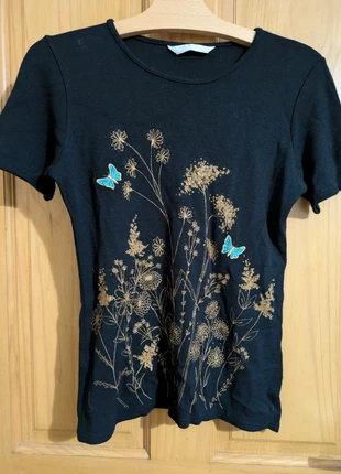 YK2 - Amaranto Black T-Shirt Gold Floral Butterfly Print Size 8 Short Sleeve Tee, brand: Amaranto, condition: Good, size: S / UK 8-10, £3.00, £3.85 includes Buyer Protection