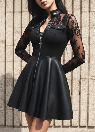 Robe noire simili cuir manches dentelle fermeture zip, marque: Vaperess, état: Très bon état, taille: S / 36 / 8, 44,90 €, 47,85 € Protection acheteurs (Pro) incluse