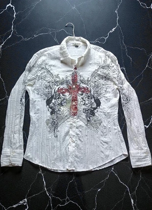 🩸Pop Icon White Long Sleeve Button-Up Shirt with Graphic Print (Y2K / Affliction Style), marque: Affliction, état: Bon état, taille: XL, 38,90 €, 41,55 € Protection acheteurs (Pro) incluse