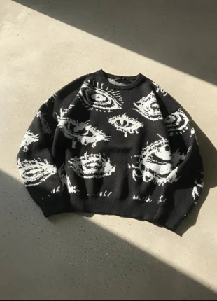 Pull Oversize Streetwear Noir & Blanc - Yeux Graphiques / Grunge / Unisexe / Y2K, marca: y2k, estado: Novo sem etiquetas, tamanho: M, €30.00, €32.20 inclui Proteção do Comprador