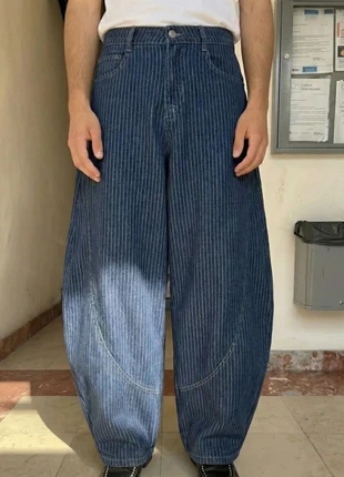 Jean large bleu à rayures verticales – coupe wide leg / ballon – style workwear, marque: y2k, état: Très bon état, taille: M, 54,90 €, 58,35 € Protection acheteurs incluse