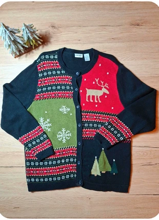 Gilet Noël maille épaisse patchwork rennes flocons sapins festive hiver #noel55, staat: Heel goed, maat: XL / 42 / 14, € 17,00, € 18,55 inclusief Kopersbescherming