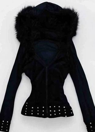 Black Velvet Queen – Veste à capuche fourrure & strass Y2K emo/goth, marca: COQUETTE, estado: Muito bom, tamanho: XS / 34 / 6, €39.99, €42.69 inclui Proteção do Comprador