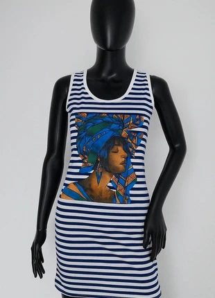 Vestido de rayas con estampado de rostro, marca: Campos, estado: Novo sem etiquetas, tamanho: S / 36 / 8, €12.90, €14.25 inclui Proteção do Comprador