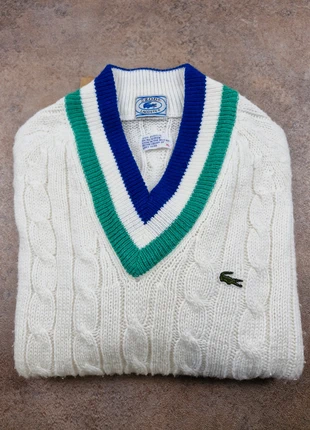 Pull Cricket/Tennis Vintage Izod Lacoste XL - Crème, Rayures Vertes & Bleues, brand: Lacoste, condition: Very good, size: XL, €65.00, €68.95 includes Buyer Protection