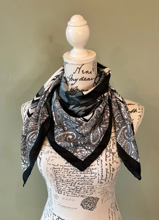 Aker Silky Square Scarf Black & White Paisley & Floral Print Foulard 34” VGC, brand: Aker, condition: Very good, £9.00, £10.15 includes Buyer Protection Pro