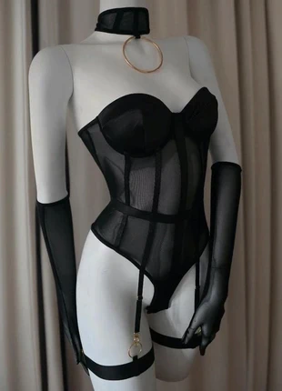 Body sexy noir avec gants et collier M, marque: la lingerie de minuit, état: Neuf avec étiquette, taille: M / 38 / 10, 32,90 €, 35,25 € Protection acheteurs incluse