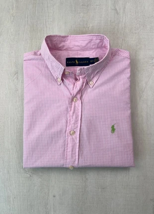 Chemise Ralph Lauren rose à petits carreaux col boutonné coton logo vert brodé L homme Oxford, brand: Ralph Lauren, condition: Very good, size: L, €45.00, €47.95 includes Buyer Protection Pro