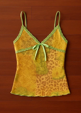 Top à fines bretelles vert et jaune – Imprimé animal style vintage y2k, marque: ET, état: Très bon état, taille: S / 36 / 8, 39,00 €, 41,65 € Protection acheteurs (Pro) incluse