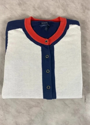 Tommy Hilfiger– Gilet bicolore bleu marine & blanc, col corail (Taille S femme) Code 037, merk: Tommy Hilfiger, staat: Veelgebruikt, maat: S / 36 / 8, € 14,00, € 15,40 inclusief Kopersbescherming Pro