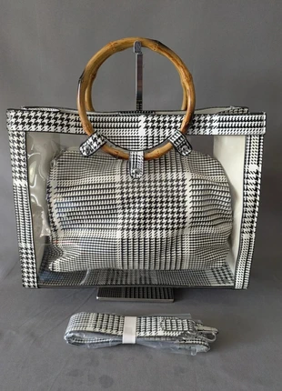 Sac transparent + pochette assortie noir et blanc pied de poule anses bambou, estado: Nuevo con etiquetas, 19,00 €, 20,65 € Protección al comprador Pro incluida