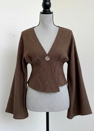 Top brun cache-cœur – manches larges – style rétro, marke: golden era, zustand: Sehr gut, größe: M / 38 / 10, 29,90 €, 32,10 € inklusive Vinted-Käuferschutz