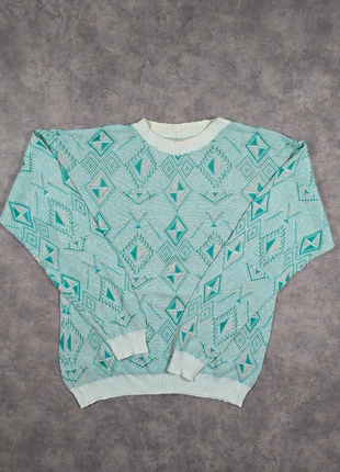 Pull d'hiver vintage 90's retro turquoise/blanc unisexe motifs géométriques – taille M PV26, brand: Vintage Dressing, condition: Very good, size: M / 38 / 10, €19.90, €21.60 includes Buyer Protection