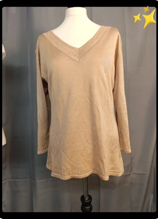 Pull en maille fine col v beige doré - XL, marque: Vintage Dressing, état: Bon état, taille: XL / 42 / 14, 4,00 €, 4,90 € Protection acheteurs incluse