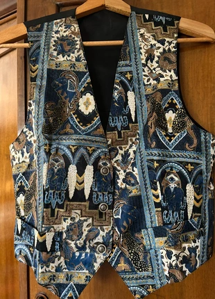 Gilet de costume femme à motifs bleu, beige et noir, condition: Very good, size: L / 40 / 12, €16.00, €17.50 includes Buyer Protection